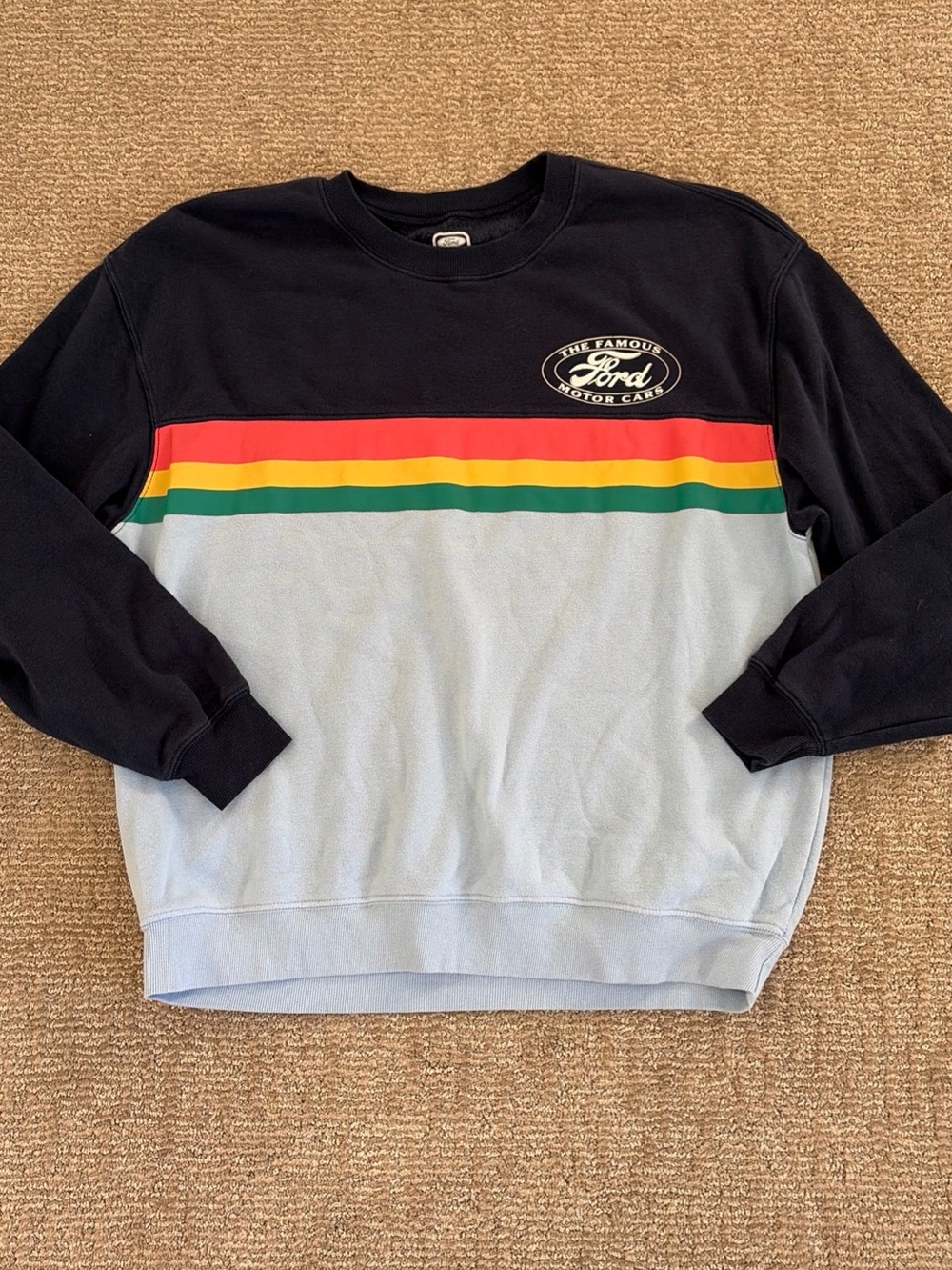 Ford Crewneck Sweater in Black and Light Blue with Multicolor Stripes
